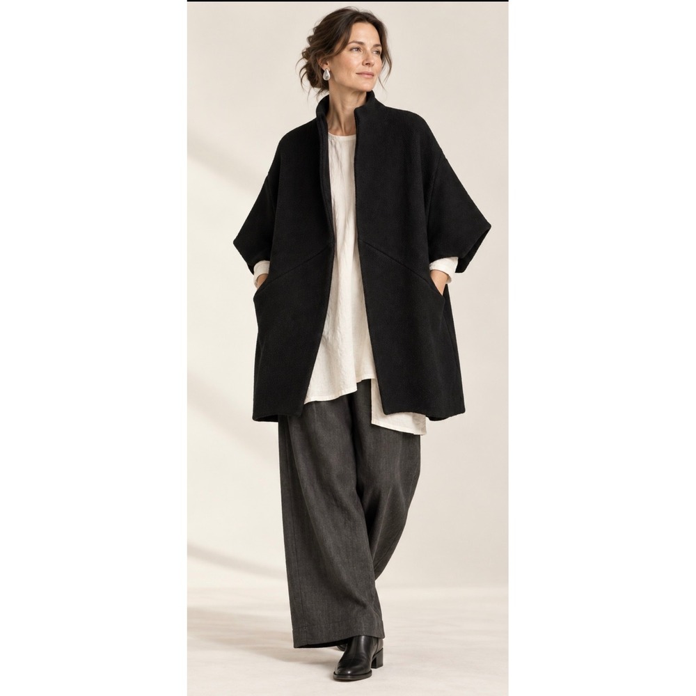 Elizabeth Suzann Wool Basketweave Cocoon Coat Black OSM Open Front NEW Lagenlook